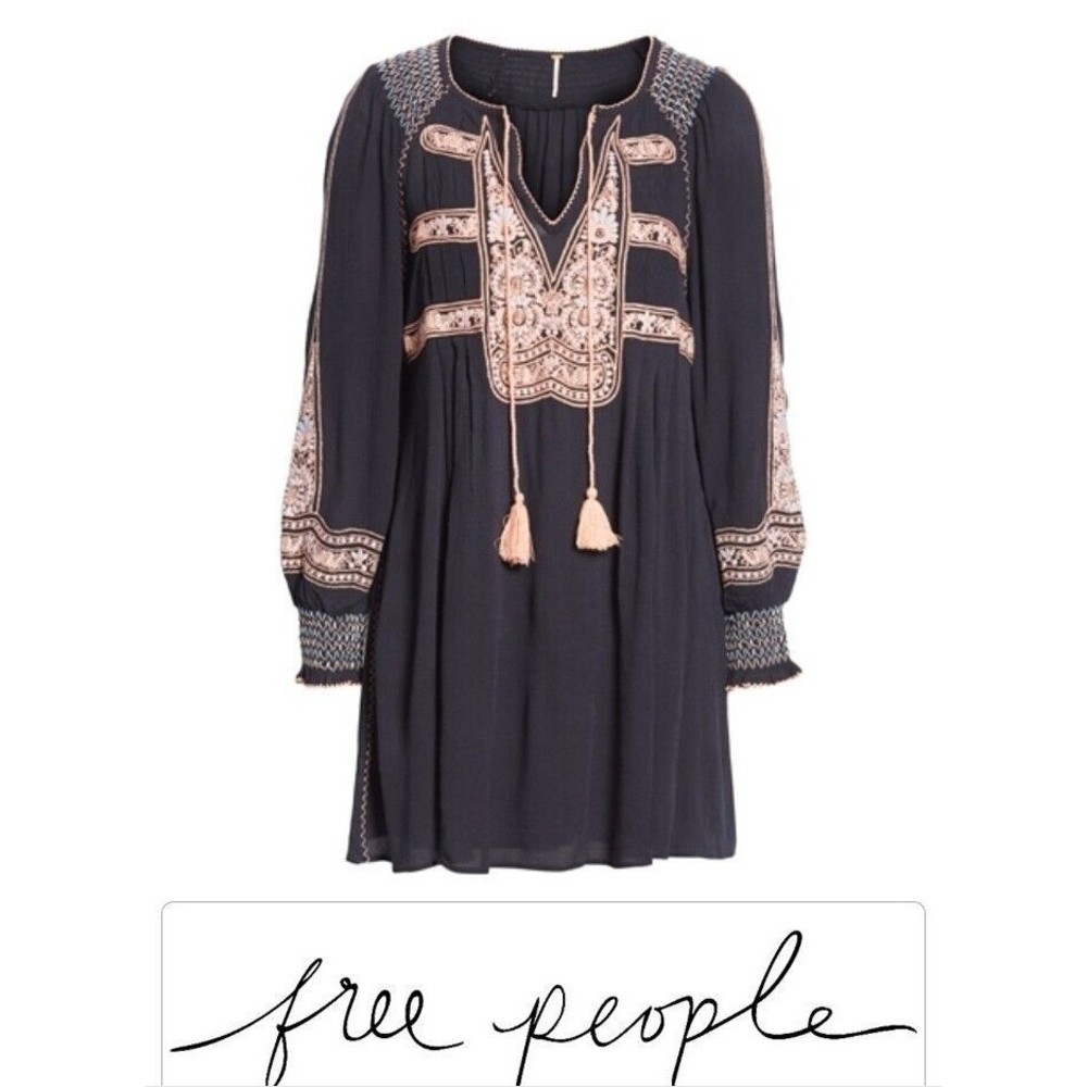 Free People Dress Wind Willow Embroidered V-Neck Navy Blue Mini Dress Size XS